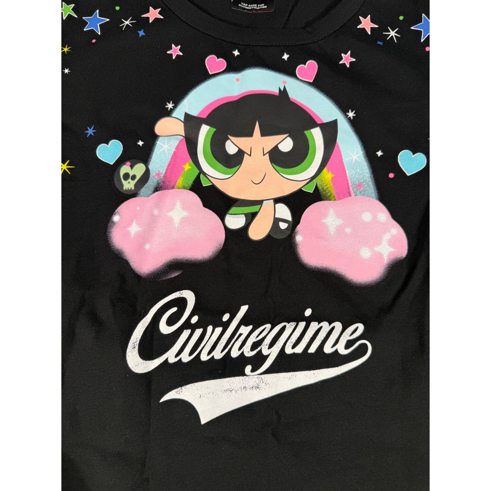 Civil Regime Powerpuff Girls Buttercup Fishnet Sleeve Graphic Tee Black Large